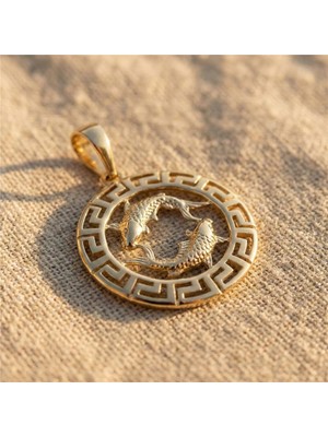 Zeino Balık Burcu Antik Desenli Kolye Ucu - 14K Altın Rengi Kaplama, 2,5 cm Çap