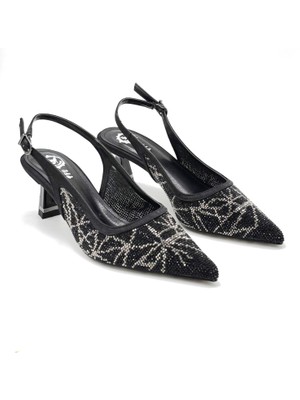 Kindep (Park) Damla Taş Detaylı Burnu Kapalı Topuklu Abiye Ayakkabı Siyah
