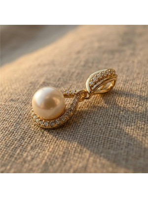 Zeino Zirkon Taşlı İnci Detaylı Kolye Ucu - 14k Altın Rengi Kaplama, 3,5 cm