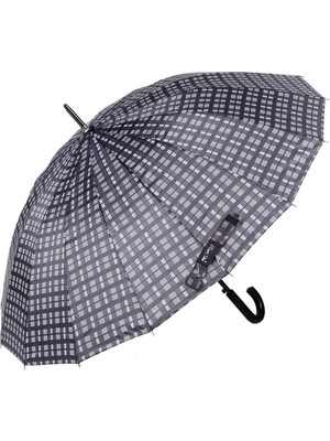 Gri Kare Ekose Fiber Erkek Baston Şemsiye 16 Telli M21MARRST02R002