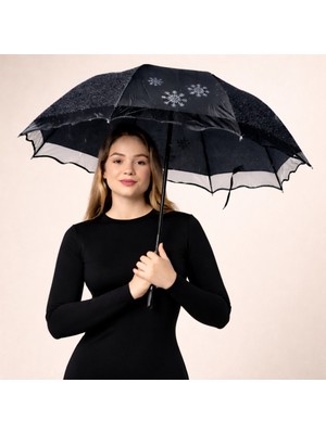 Normadia Kadın Şemsiye 95CM, Kar Taneli, Rüzgar Ters Dönmeye Dayanıklı, Çizgi Desenli