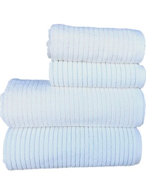 Erteks Havlu Seti 2 Ad Banyo 2 Ad El Havlusu Kendinden Mavi ve Turuncu Çizgili Beyaz Modern Yumuşacık