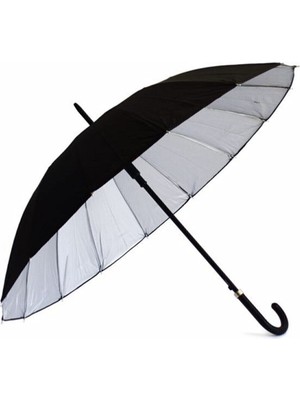 14 Telli Siyah Gümüş Renk Baston Şemsiye Unisex 80 cm