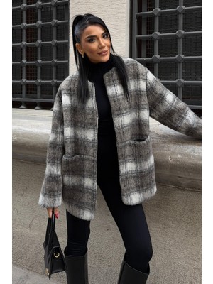 Lijuri Yuvarlak Yaka Ekose Desenli Tüylü Mont 7140