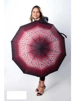 Normadia Kırmızı Siyah Desenli Premium Kadın Otomatik Ahşap Saplı Şemsiye