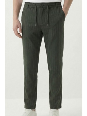 Veleno Erkek Haki Jogger Pantolon Dokuma Çizgili Düğmeli Ön Patlı Fermuarlı Arka Cepli Regular Kalıp