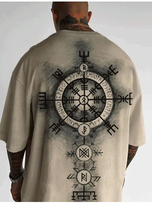 Punix Punıx Büyük Beden  Bıgsıze Vıkıng Sırt Pusula Baskılı Yüksek Kalite Pamuk Dokuma Yazlık Erkek T-Shırt