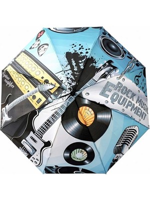 Normadia Canlı Renkli Rock Gitar Desenli Katlanabilir Rüzgarlı Şemsiye