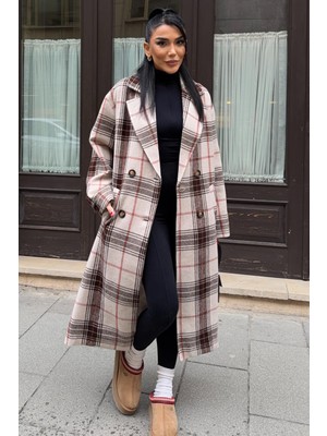 Lijuri Çift Düğme Kapamalı Ekose Desenli Kaşe Kaban 7141