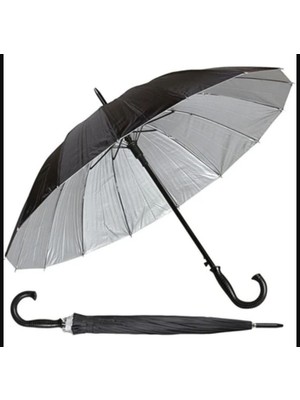 16 Telli Siyah Gümüş Renk Baston Şemsiye Unisex, Şık ve Dayanıklı
