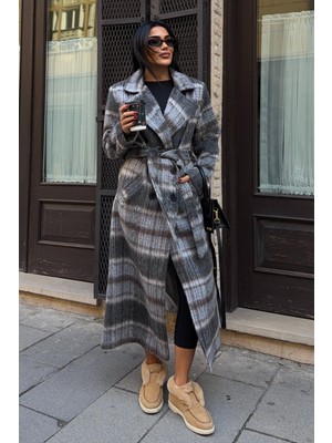 Lijuri Ekose Desenli Kuşaklı Kaşe Kaban 7134