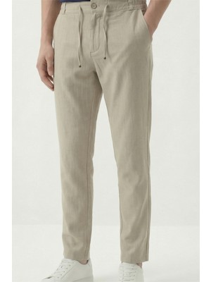 Veleno Erkek Bej Jogger Pantolon Dokuma Çizgili Düğmeli Ön Patlı Fermuarlı Arka Cepli Regular Kalıp