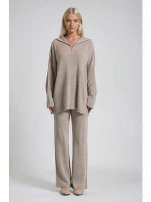 Lijuri Zip Yaka Uzun Triko Tunik & Bol Paça Pantolon Takım 10318