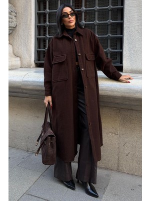 Lijuri Oversize Cepli Düğmeli Uzun Kaşe Kaban 7131