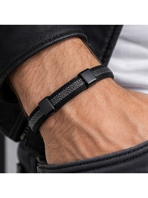 Vaoov Modern Çelik Örgü Detaylı Mıknatıslı Siyah Deri Erkek Bileklik
