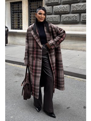 Lijuri Çift Düğme Kapamalı Ekose Desenli Kaşe Kaban 7141