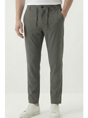 Veleno Erkek Füme Jogger Pantolon Dokuma Çizgili Düğmeli Ön Patlı Fermuarlı Arka Cepli Regular Kalıp