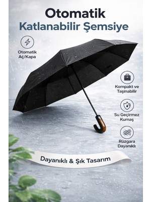 Normadia Uv Korumalı 10 Telli Otomatik Şemsiye Rüzgar Dayanaklı Ahşap Sap
