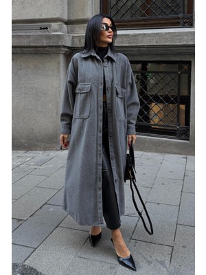 Lijuri Oversize Cepli Düğmeli Uzun Kaşe Kaban 7131