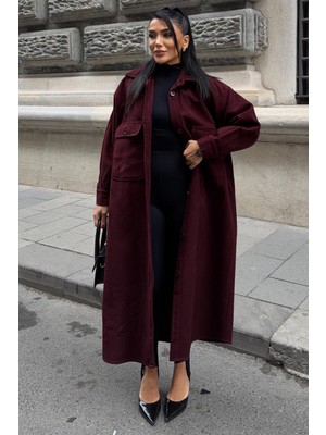 Lijuri Oversize Cepli Düğmeli Uzun Kaşe Kaban 7131