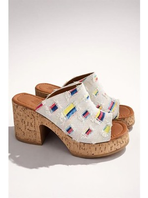Les Passent Kadın Silva Beyaz Kot Mantar Tabanlı Ortopedik Platform Topuk Terlik