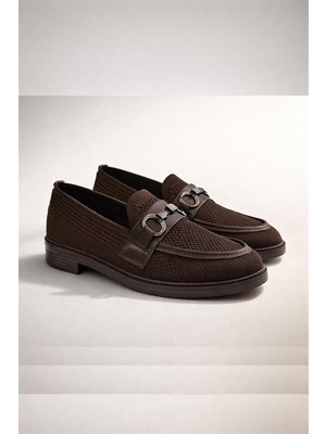 Les Passent Kadın Marie Kahverengi Triko Metal Tokalı Kadın Loafer Günlük Makosen Ayakkabı