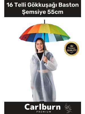 Normadia Rüzgar Koruyucu Fiber 16 Telli Gökkuşağı Baston Şemsiye 55CM