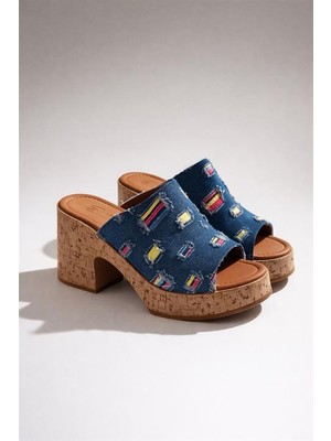 Les Passent Kadın Silva Mavi Kot Kumaşı Mantar Tabanlı Ortopedik Platform Topuk Terlik