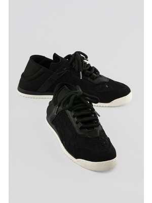 Mubiano Kadın Sneaker File Detaylı Çiçek Işlemeli Spor Ayakkabı Floren Siyah