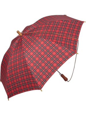 Normadia Uzun Ekose Kırmızı Kadın Baston Şemsiye, Şık ve Hafif Tasarım