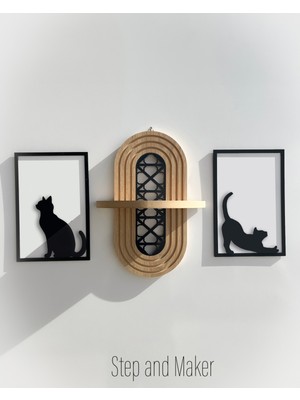 Step and Maker Çift Katmanlı 'kediler Tablo' & Ortası Desenli Duvar Rafı