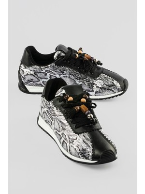 Mubiano Kadın Sneaker Yılan Desenli Bağcıklı Spor Ayakkabı Veska Siyah