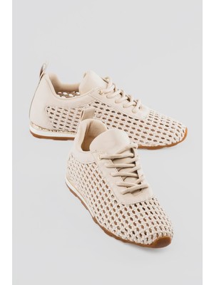 Mubiano Kadın Sneaker Örgülü Gümüş Detaylı Bağcıklı Spor Ayakkabı Nessa Bej