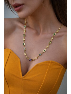 Milena Blake Luxury Gold Renk Çok Taşlı Kadın Kolye – Zarif Şık Tasarım, Çelik Kolye