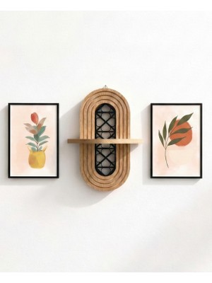 Step and Maker Modern Ahşap Duvar Rafı ve 2'li Kanvas Tablo Seti