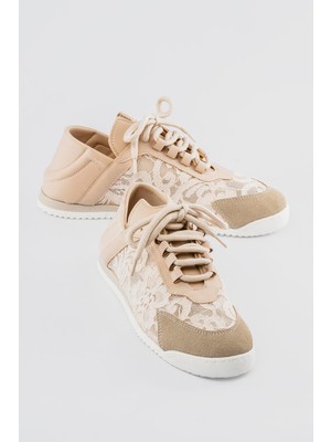 Mubiano Kadın Sneaker File Detaylı Çiçek Işlemeli Spor Ayakkabı Floren Bej