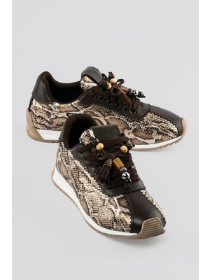 Mubiano Kadın Sneaker Yılan Desenli Bağcıklı Spor Ayakkabı Veska Kahverengi