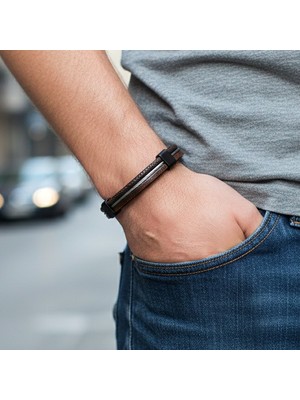 Vaoov Çelik Detaylı Çok Sıralı Kahverengi Gerçek Deri Erkek Bileklik