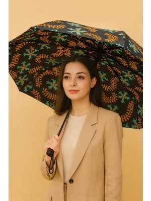 Normadia Şık Kadın Siyah Desenli Fiber Tel Otomatik Şemsiye