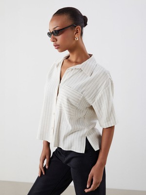 Lc Waikiki Yeni Sezon Çizgili Keten Karışımlı Kadın Gömlek