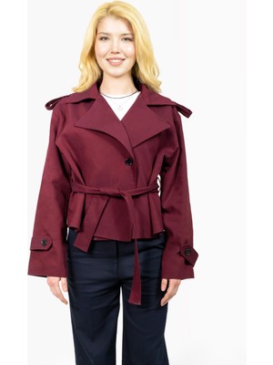 Kadın Trenkot Kısa Kadın Ceket Kruvaze Apoletli Astarlı Düğmeli Belden Bağlamalı Tesettür Lotus