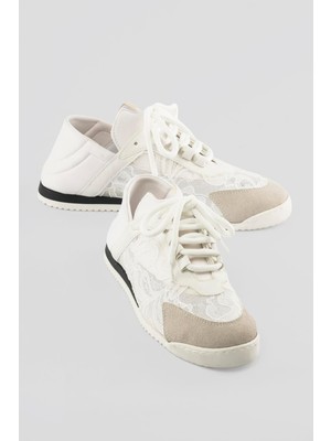 Mubiano Kadın Sneaker File Detaylı Çiçek Işlemeli Spor Ayakkabı Floren Beyaz