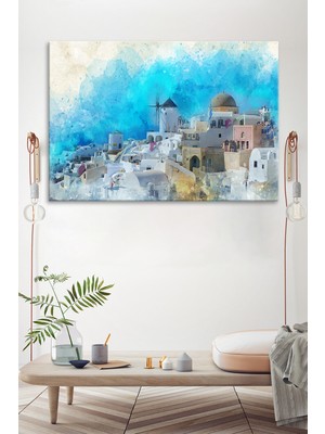 Morfil Sanat Atölyesi Santorini Adası Island Santorini Suluboya Efektli Kanvastablo