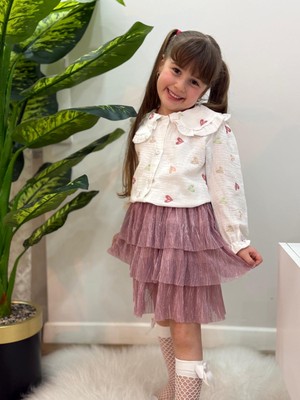 Yiğit Butik Kalp Nakışlı Müslin Gömlekli Etekli Kız Çocuk Takım