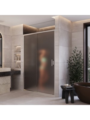 Monaqua Arteko Duşakabin Ön Cephe, 1 Sabit 1 Kayar - Parlak Eloksal Alüminyum Profil - Satine Buzlu 5mm Cam