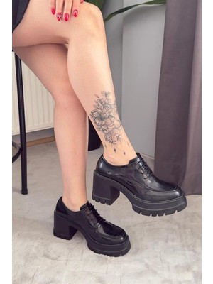 Les Passent Kadın Carmel Siyah Rugan Bağcıklı 8 cm Topuklu Platformlu Ayakkabı