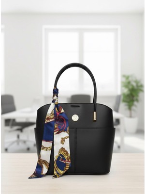 Label Kadın Siyah Fular Detaylı El ve Omuz Çantası