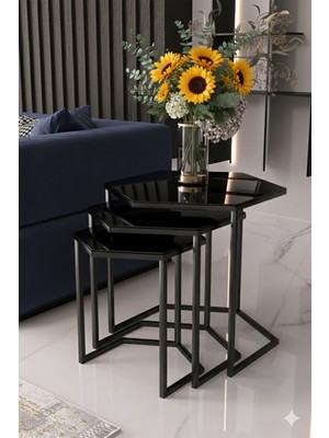 Dzgn Home Vatoz Altıgen Siyah Metal Siyah Cam 3lü Zigon Sehpa