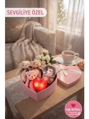 Kesene Sevgililer Günü Özel Romantik Aşk Kutusu Işıklı Kar Küresi 3'lü Peluş Ayıcık ışıklı Kalp hediye Seti