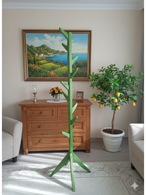 Mavera Sanat 58 Meşe Yeşili Ahşap Ayaklı Askılık Portmanto Modern Elbise Askısı Konfeksiyon 175 cm